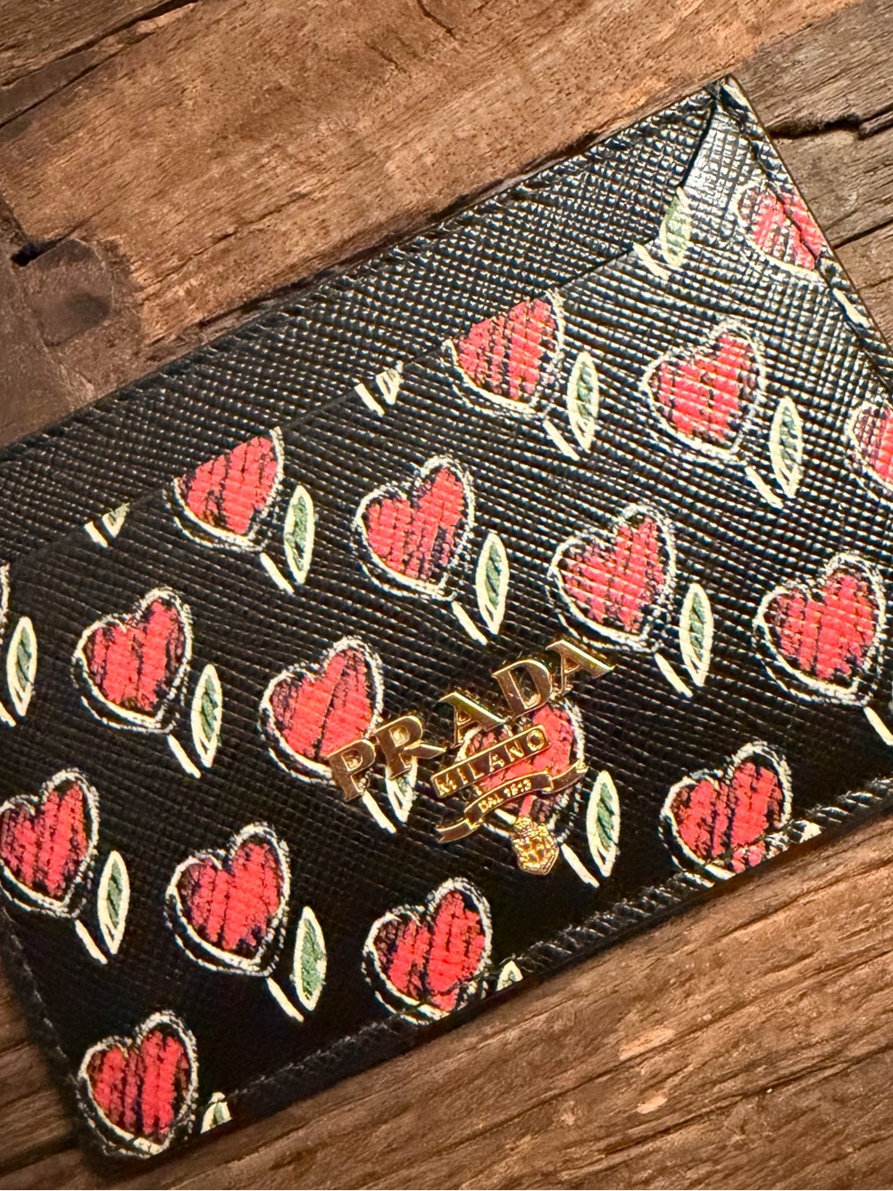 Prada Black Leather Card Holder with Red Heart Tulip Motif - Picture 7 of 7